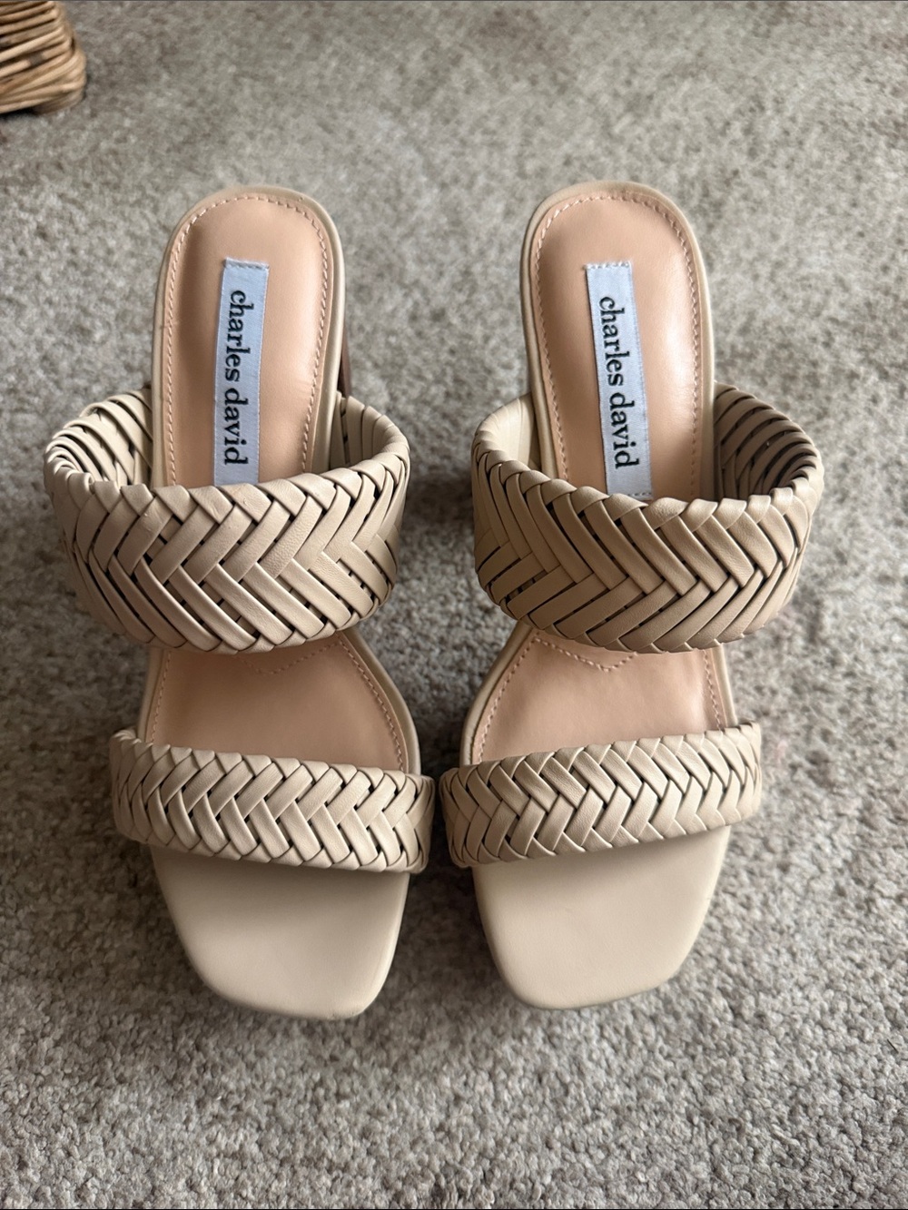 4 1/2” heel Charles David Beige Woven Double-Strap Mules
